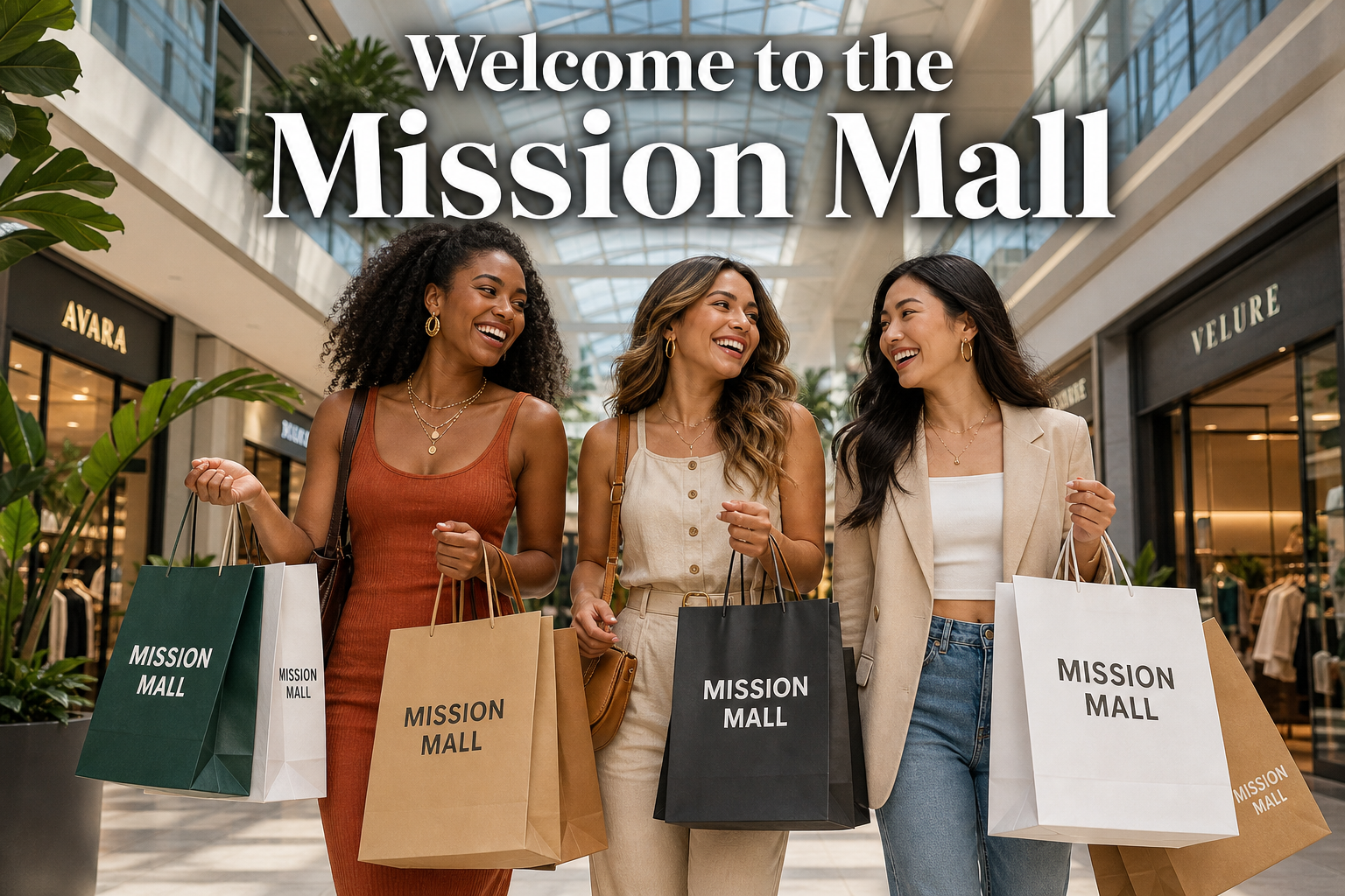 Welcome to the Mission Mall — three shoppers carrying Mission Mall bags in a sunlit mall atrium