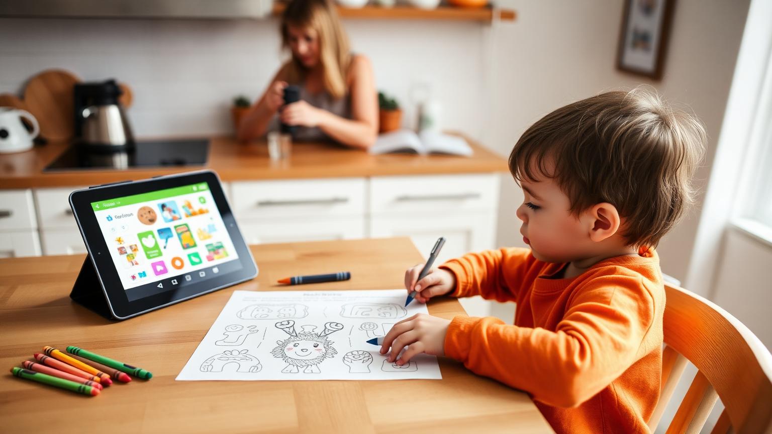 A child completing a Trinity activity at the kitchen table with crayons next to a tablet showing the club