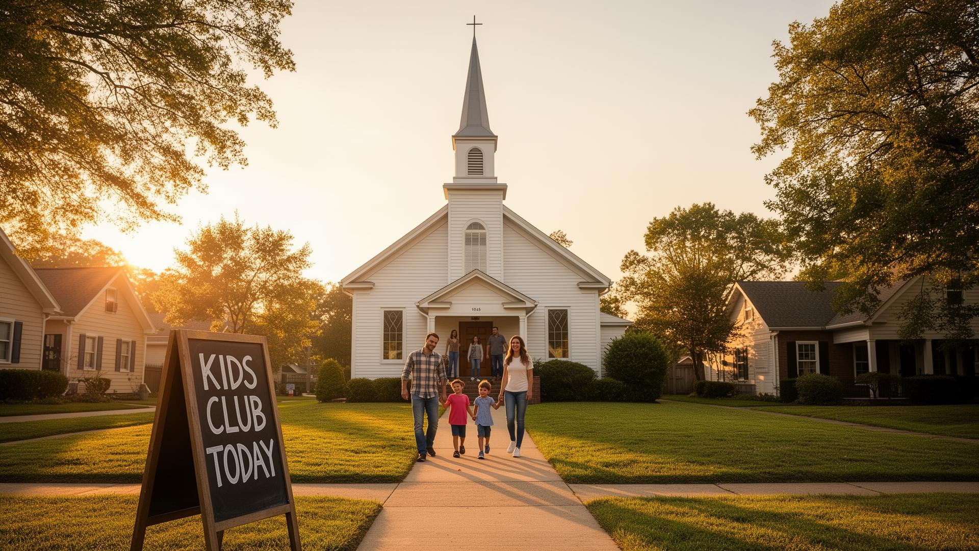 A neighborhood church welcoming families to a Trinity Rich Kids Club meeting