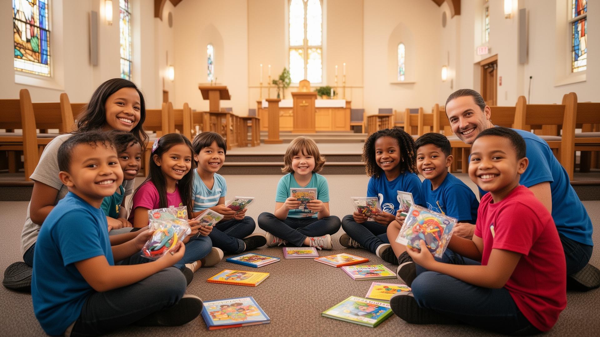 Church volunteers and kids gathered in a circle during a Trinity Rich Kids Club meeting