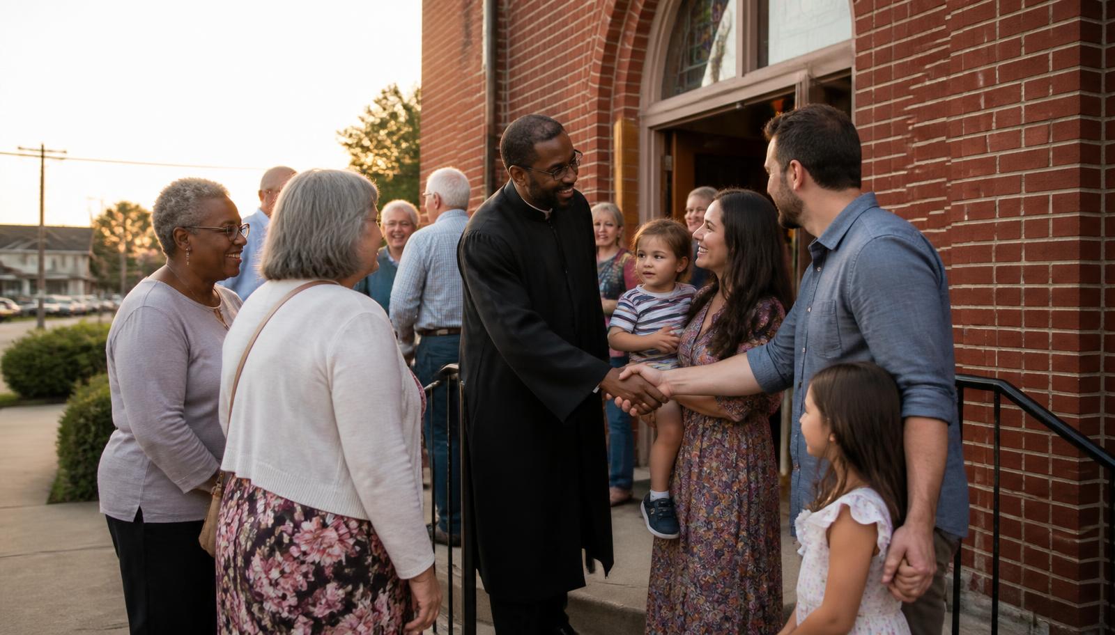 Church members greeting a young family on the front steps of their church at sunset