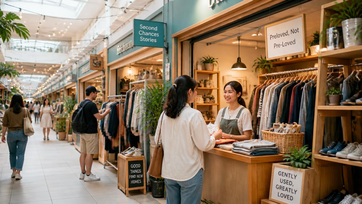 Shoppers browsing tidy second-hand storefronts in a bright mall wing
