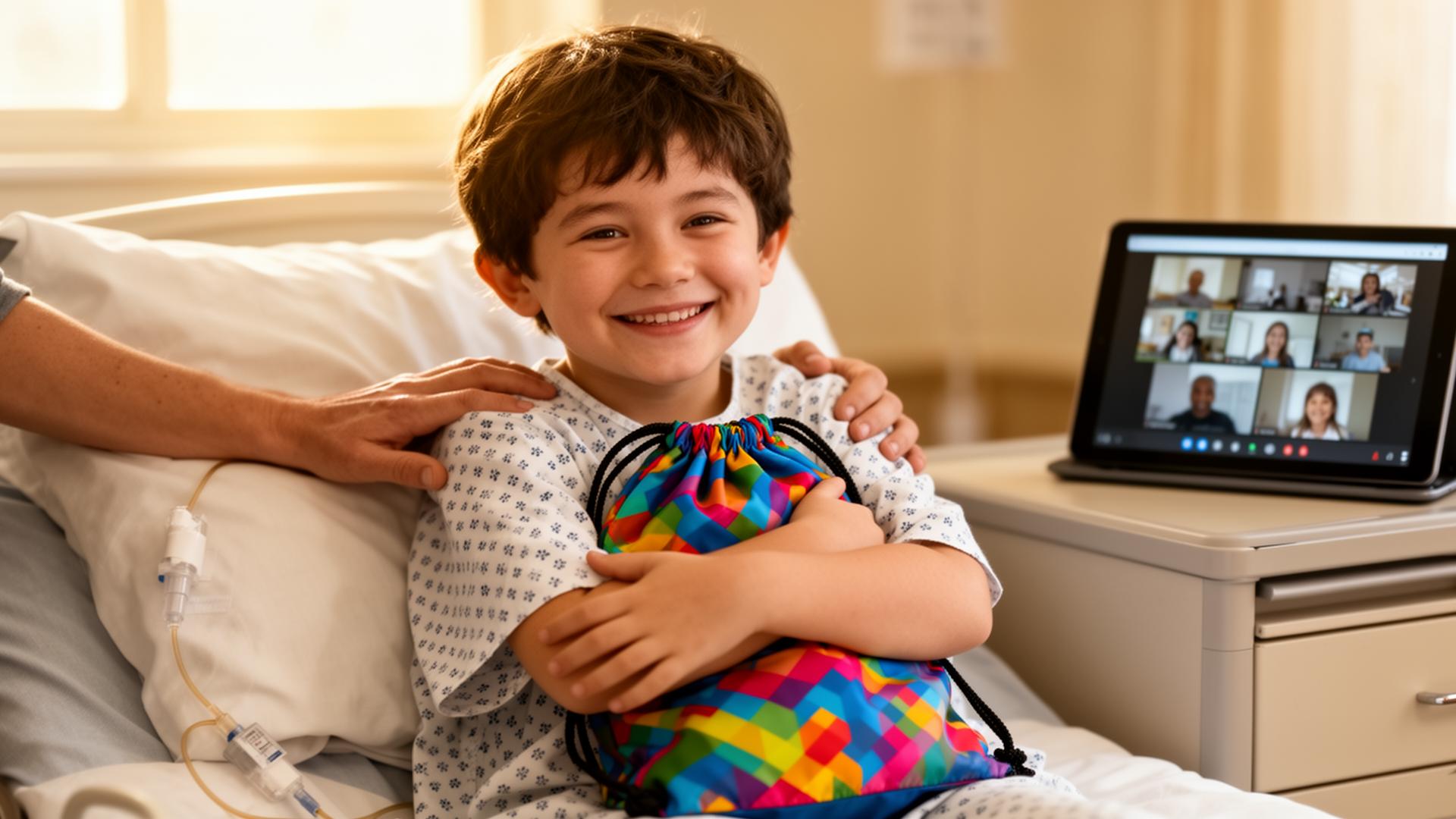 A child in a hospital bed holding a Trinity Kit drawstring bag, smiling at a tablet showing the virtual classroom