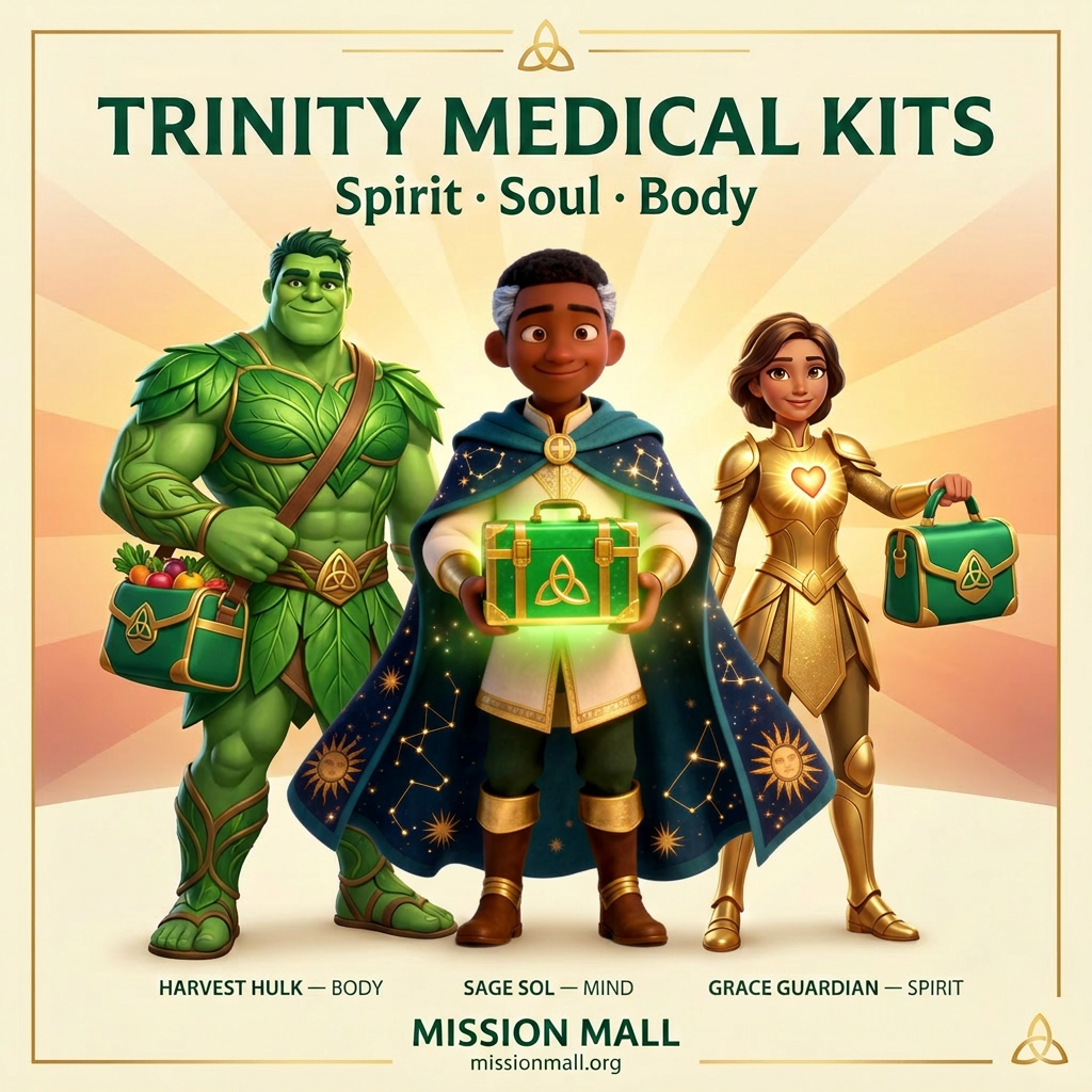 Green canvas Trinity Kit drawstring bag featuring the Harvest Trinity heroes — Sage Sol, Harvest Hulk, and Grace Guardian — sitting on a wooden table