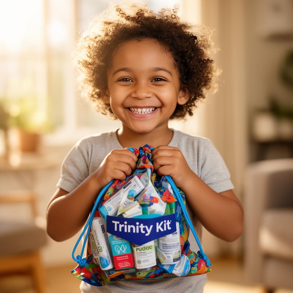 A child smiling while holding a Trinity Kit
