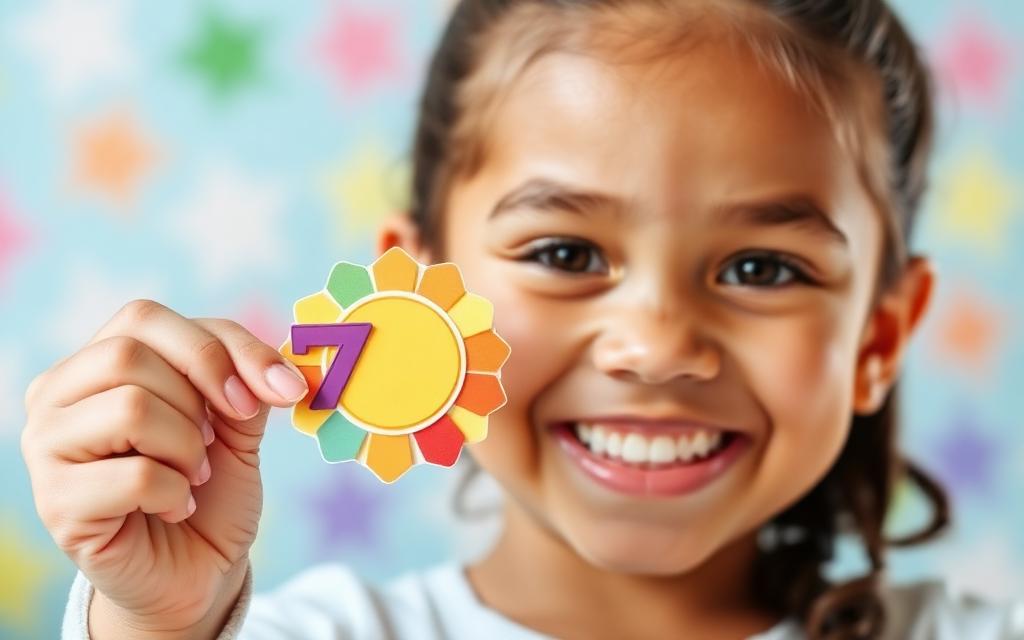A proud young girl holding up a colorful achievement badge
