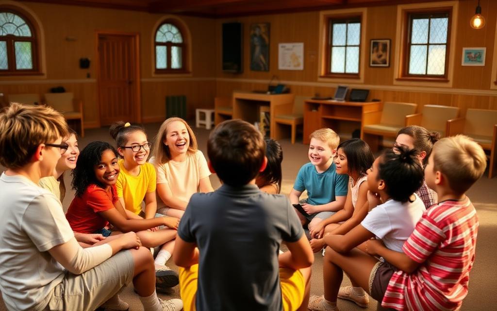 A small chapter of kids sitting in a circle with their leader