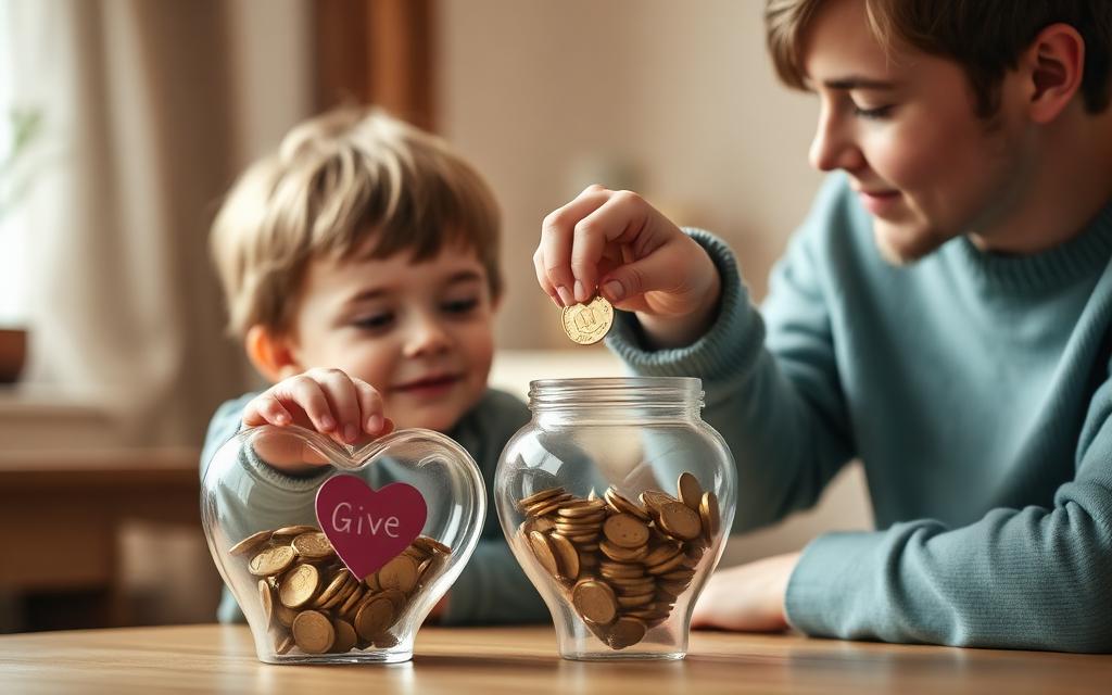 A young child dropping a coin into a heart-shaped giving jar with a parent