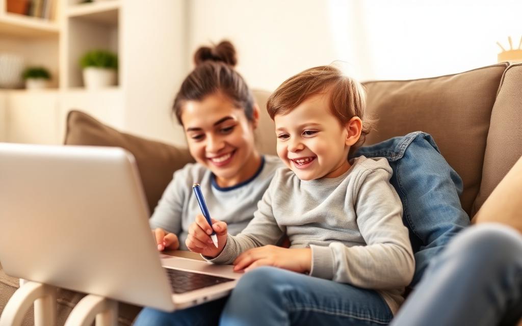 A young child and parent signing up together on a laptop at home