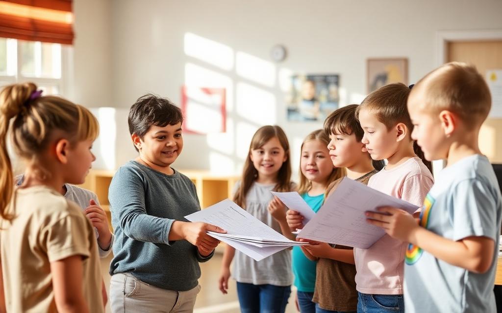 A chapter leader handing out activity sheets to a small group of kids