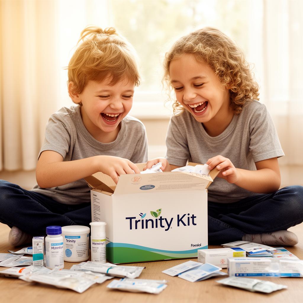 Two children laughing while opening a Trinity Kit