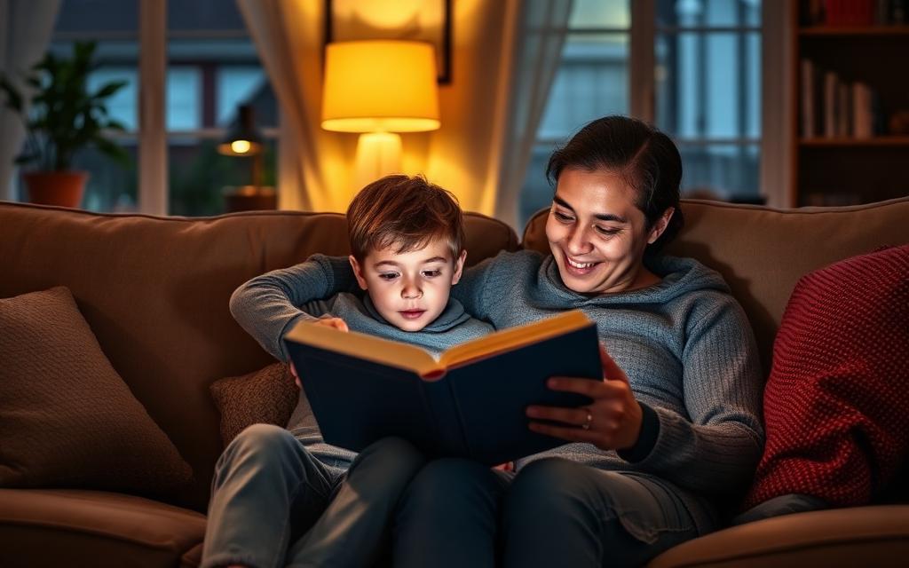 A parent and child reading a book together on a cozy couch