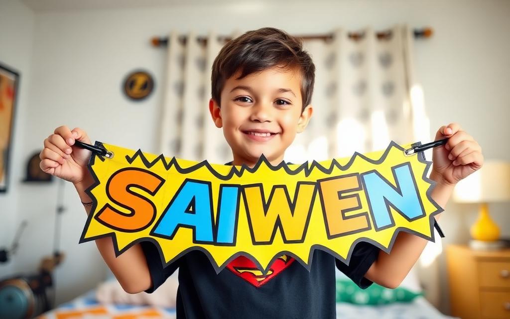 A kid proudly holding up a personalized hero name banner