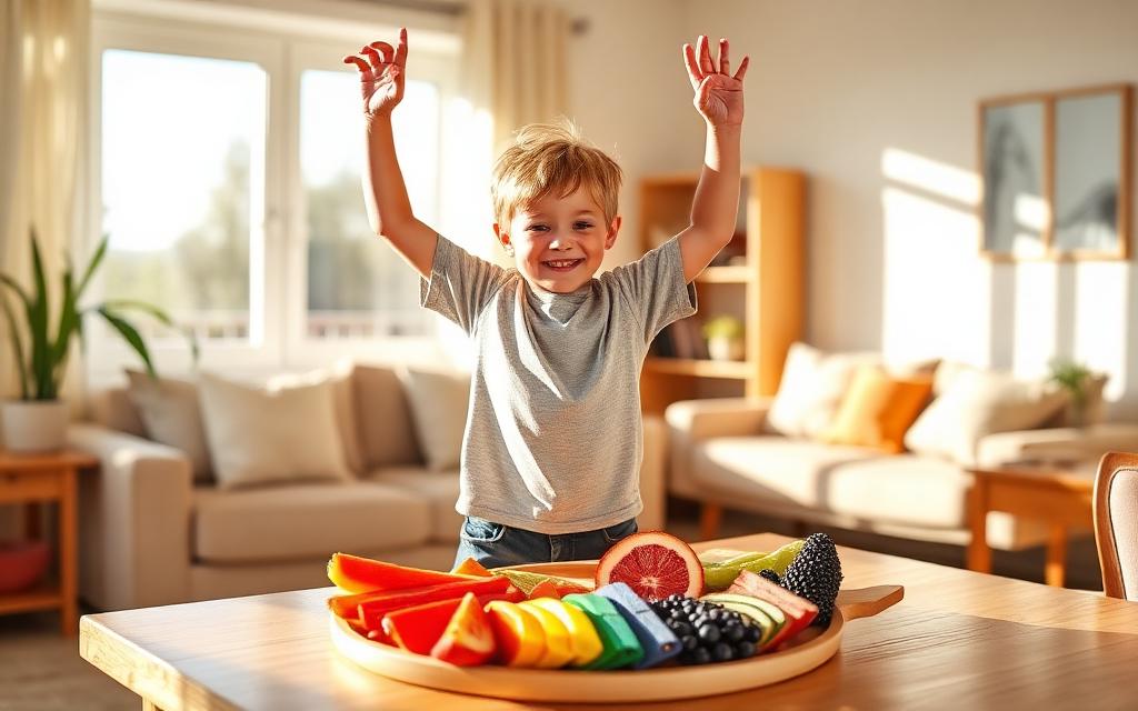 An elementary-age boy doing morning stretches beside a rainbow fruit plate
