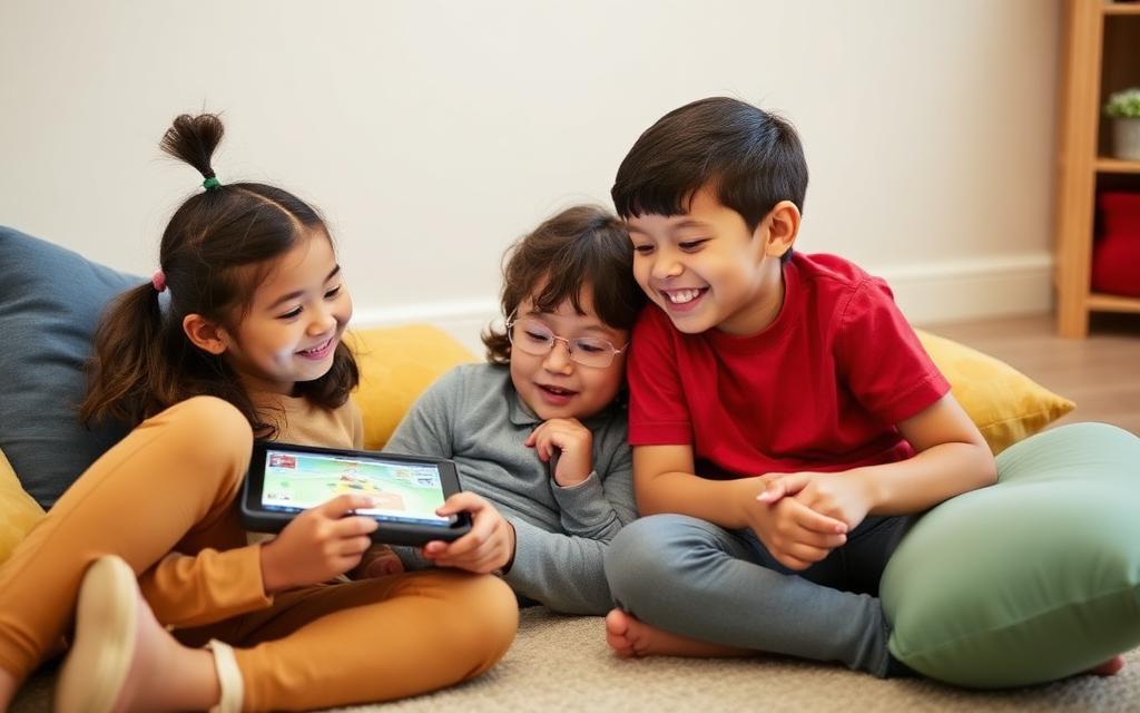 Two kids watching a hero video together on a tablet