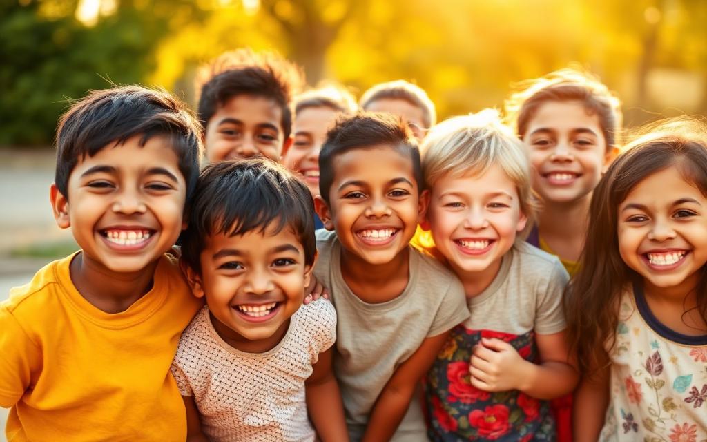 A joyful group of diverse kids smiling together outdoors