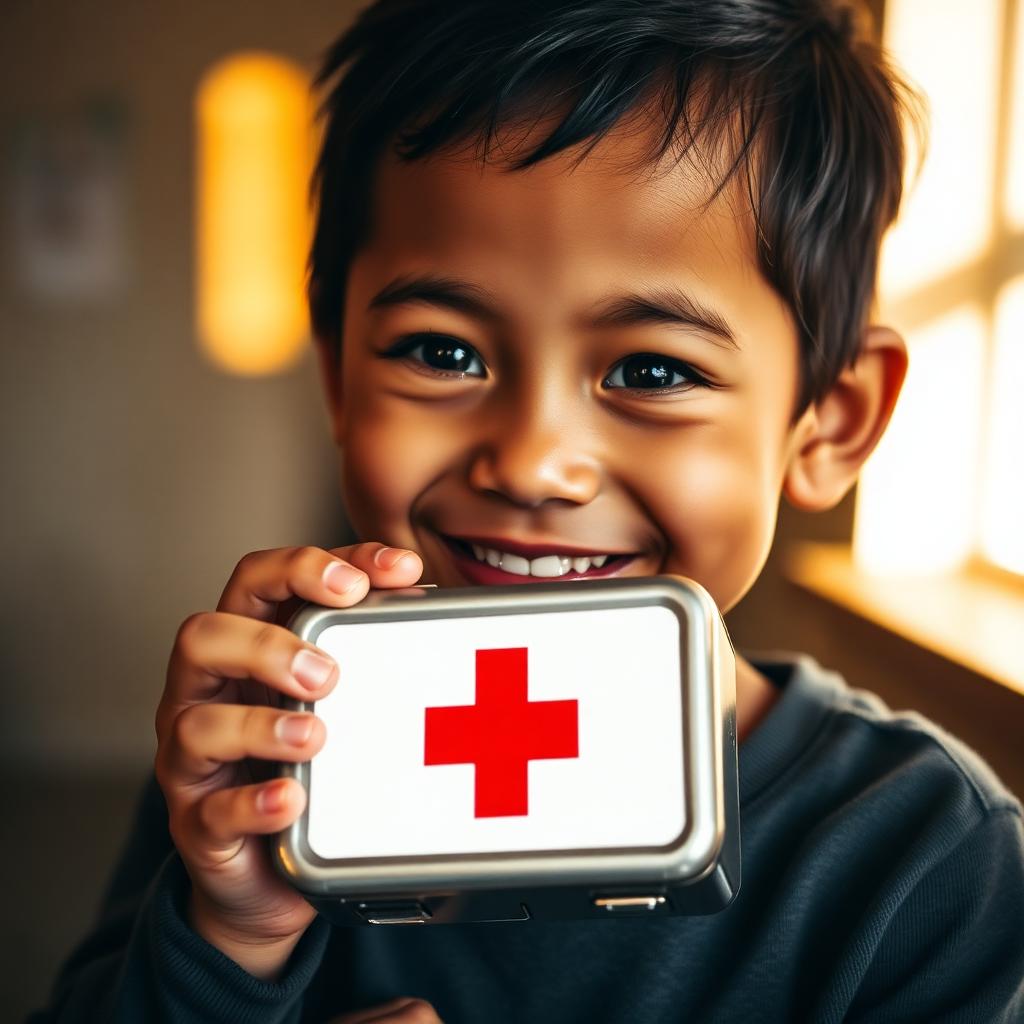 Child smiling and holding a Trinity medical kit
