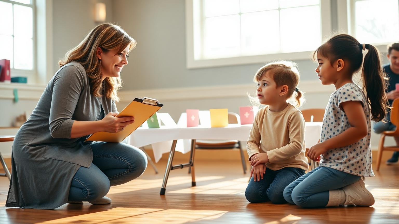 A kids ministry leader kneeling to talk with two children in a bright church fellowship hall