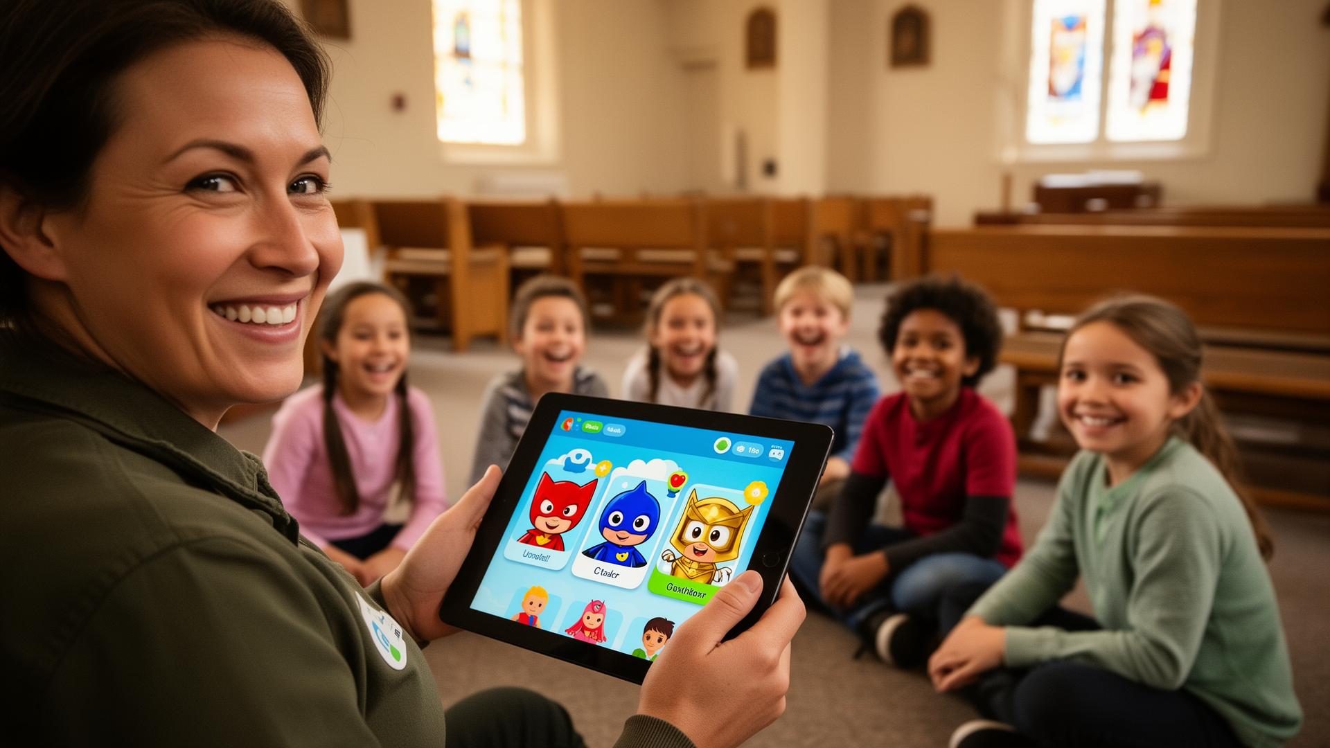 A smiling church chapter leader holding a Trinity Tablet showing the three heroes, with kids gathered around