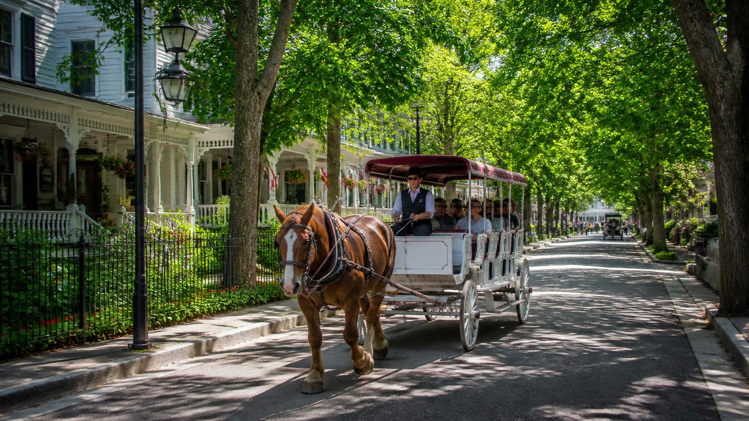 Horse-drawn carriage traveling along a tree-lined street with Victorian homes on Mackinac Island