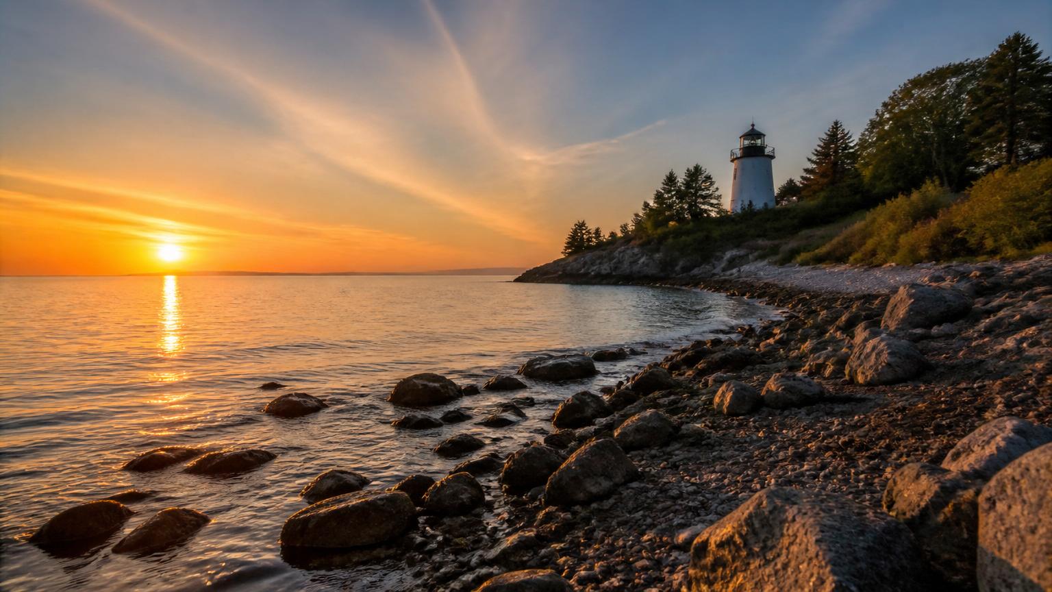 Rocky shoreline at sunset with a lighthouse on Mackinac Island