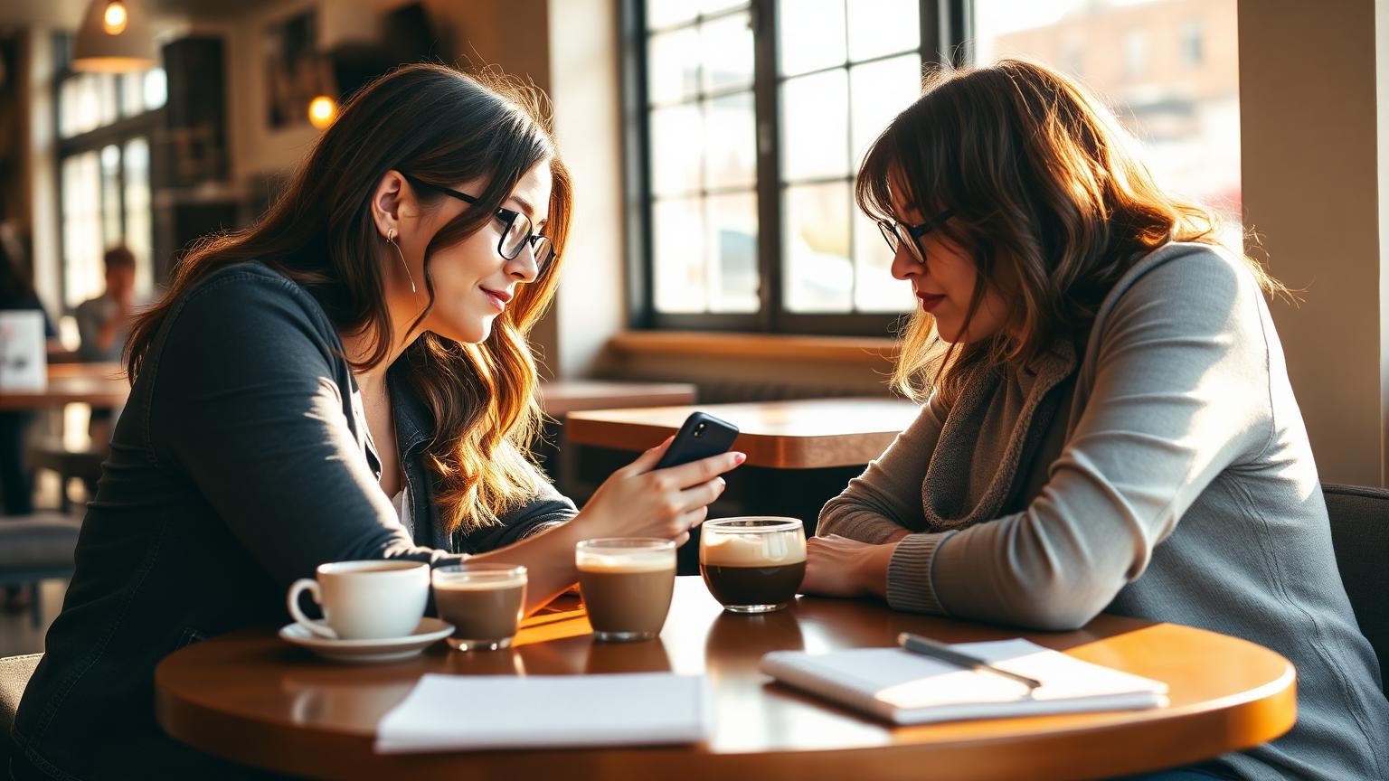 Two moms talking over coffee, one showing the other the Trinity Rich Kids Club on her phone