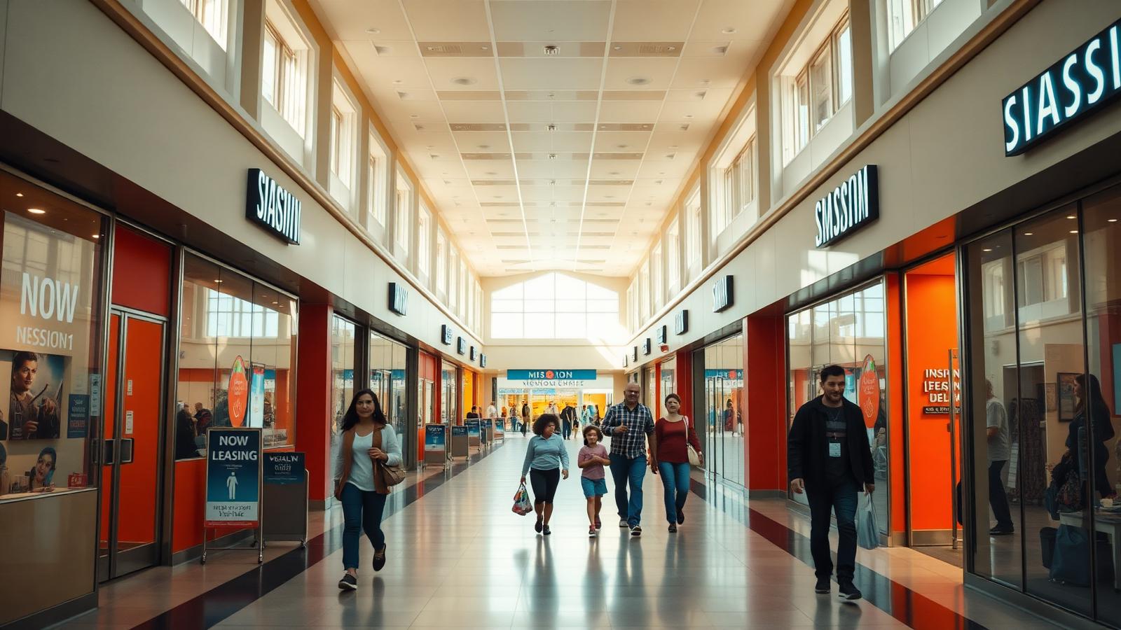 Bright mission mall corridor with storefronts ready to lease