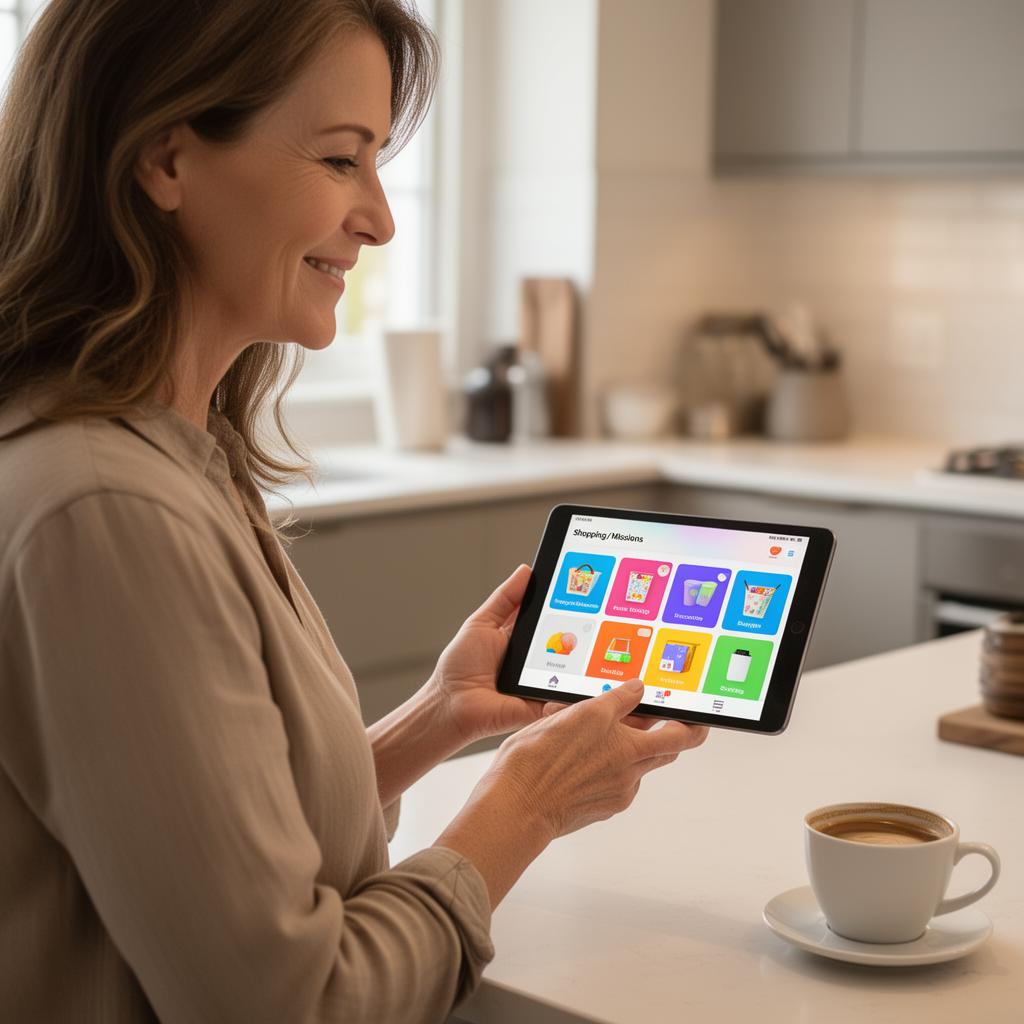 Adult woman smiling at the Trinity Adult Club Tablet in her kitchen