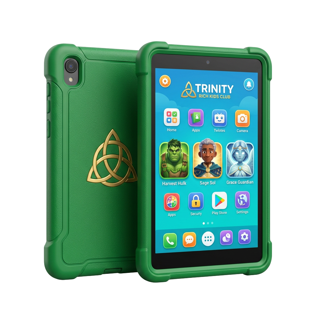 Trinity Tablet front view in a teal kid-safe silicone case