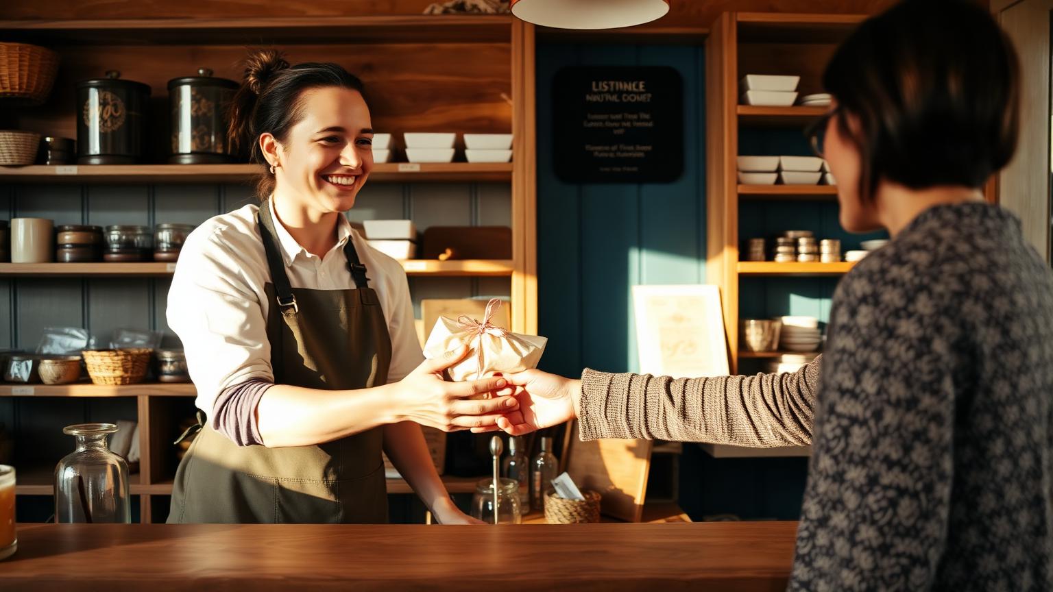 A small-business shop owner handing a wrapped item to a smiling customer